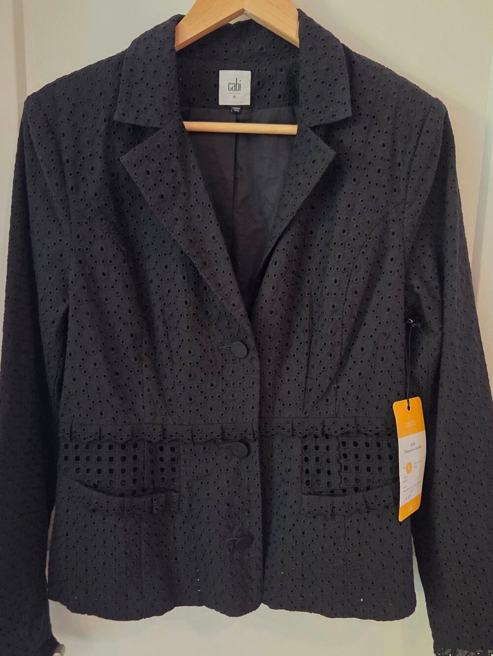 Cabi Flamenco Jacket Eyelet Embroidered Blazer Black 6 Boho Cottagecore Coastal
